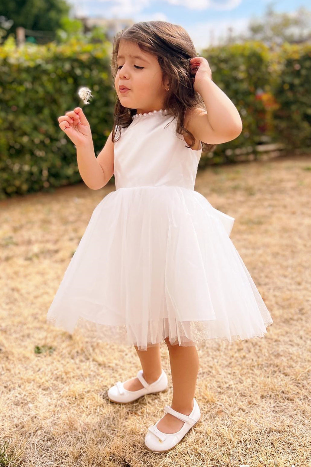 Cute Ivory Beaded Crew Neck Flower Girl Dress