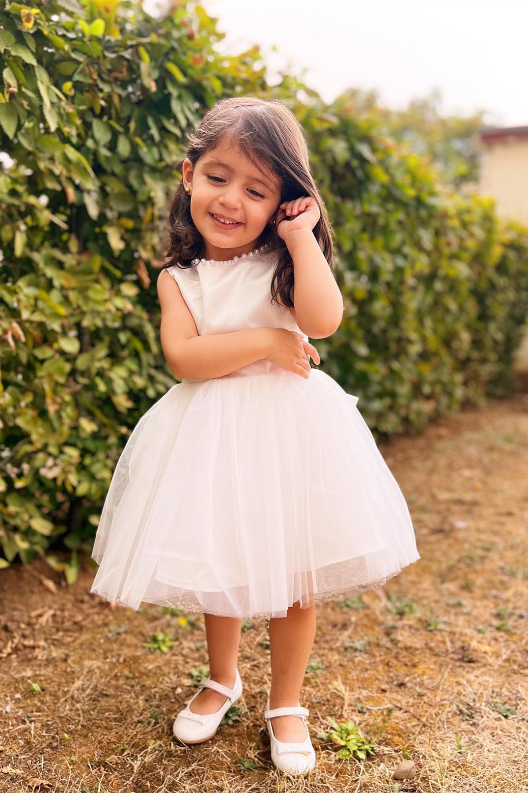 Cute Ivory Beaded Crew Neck Flower Girl Dress