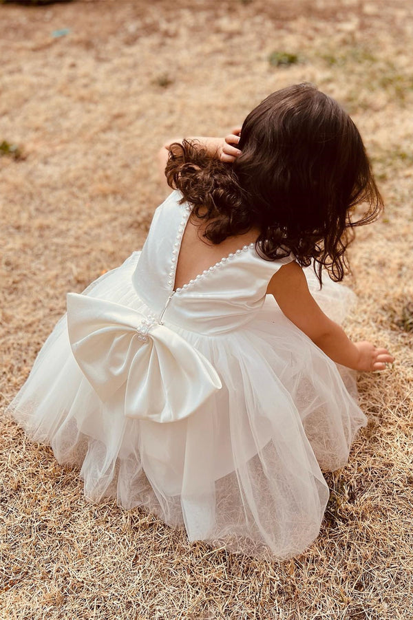 Cute Ivory Beaded Crew Neck Flower Girl Dress