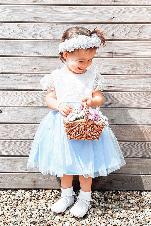 Cute Light Blue Knee Length Flower Girl Dress with Bow