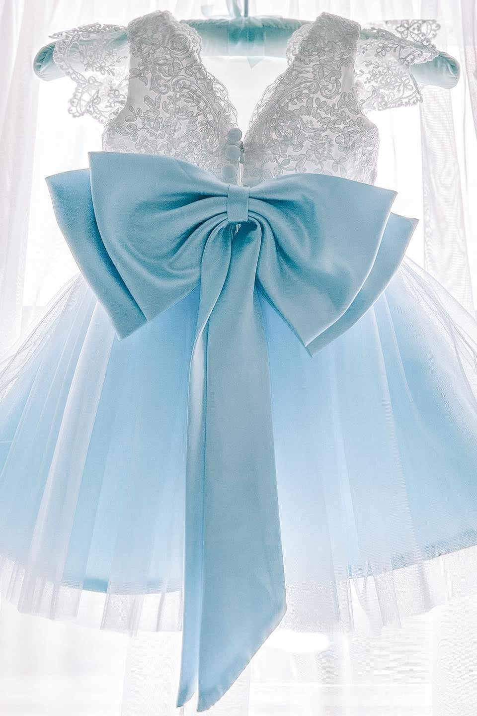 Cute Light Blue Knee Length Flower Girl Dress with Bow