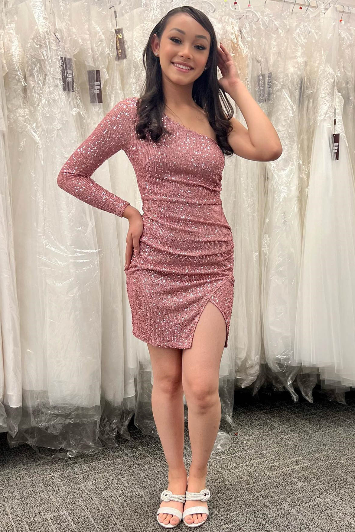 open lace back dress Dusty Rose One-Shoulder Sequins Short Homecoming Dress – FancyVestido