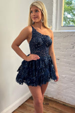 A-Line One Shoulder Navy Blue Sequins Tiered Short Homecoming Dress