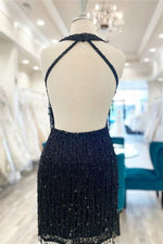 Black Plunging V-Neck Short Homecoming Dress with Fringes