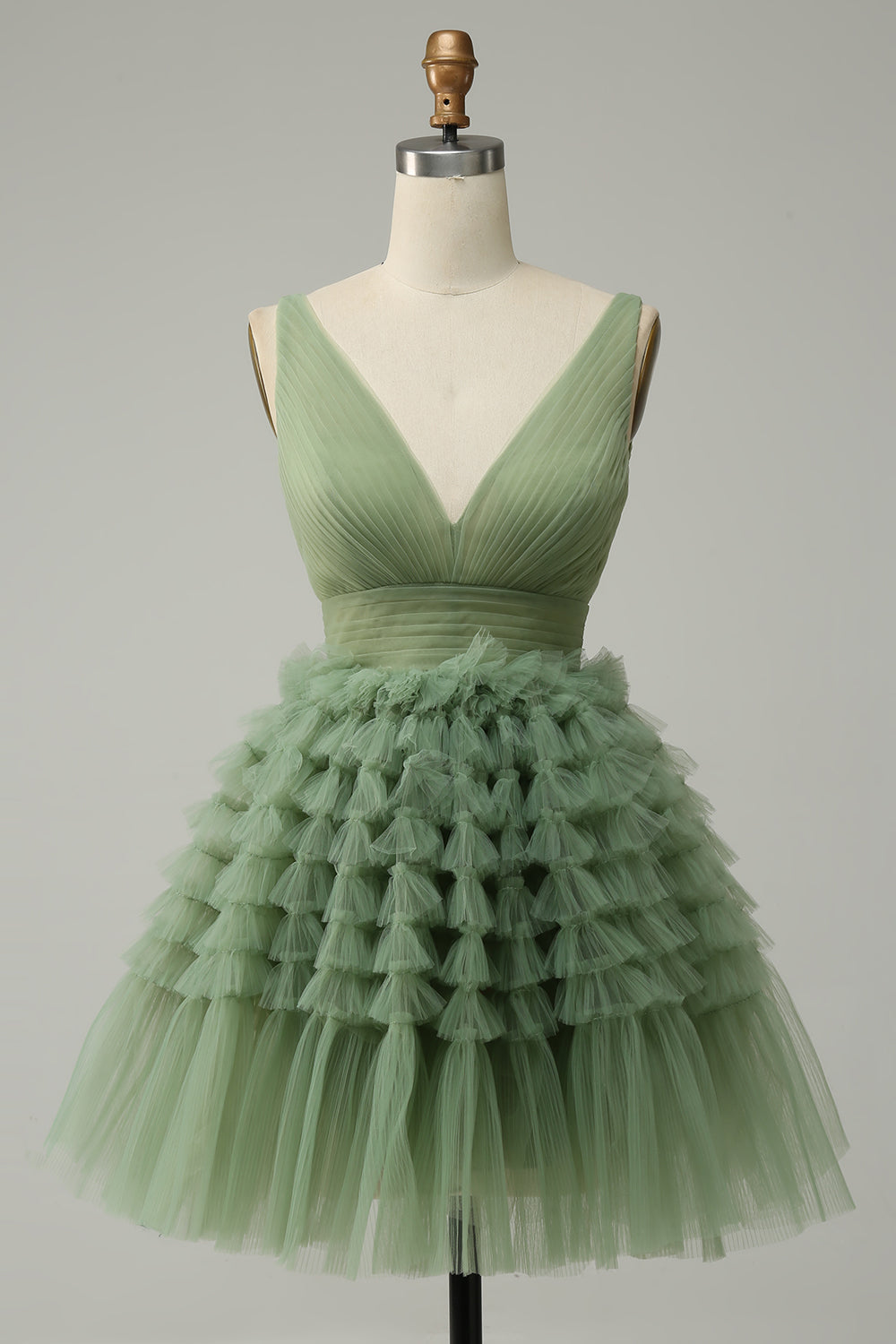 V-Neck Dusty Green Multi-Layers Tulle Short Homecoming Dress