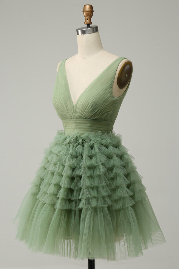 V-Neck Dusty Green Multi-Layers Tulle Short Homecoming Dress