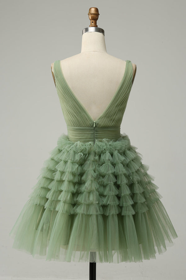 V-Neck Dusty Green Multi-Layers Tulle Short Homecoming Dress