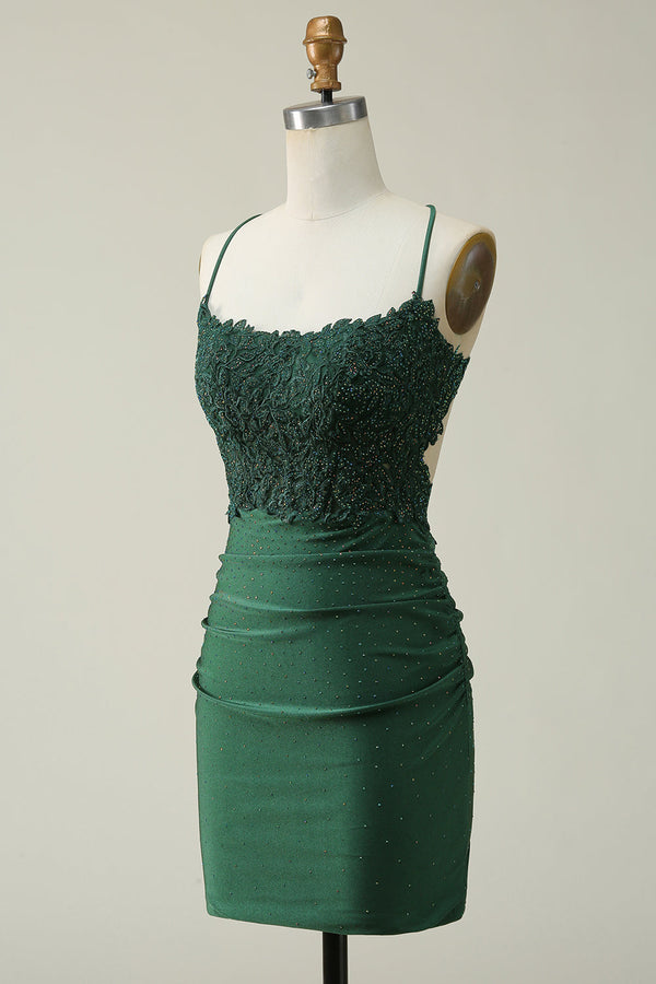 Straps Hunter Green Appliques Tight Homecoming Dress with Rhinestones