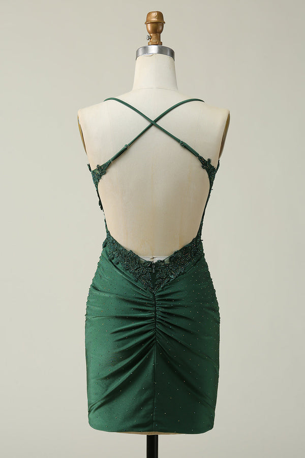 Straps Hunter Green Appliques Tight Homecoming Dress with Rhinestones