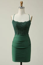 Straps Hunter Green Appliques Tight Homecoming Dress with Rhinestones