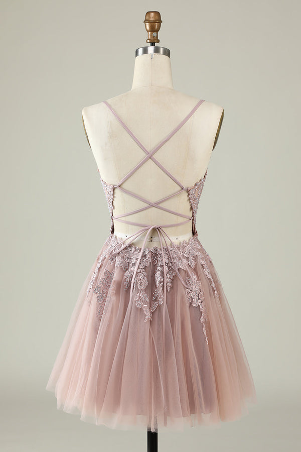 Lace-Up Blush Pink Appliques Short Homecoming Dress