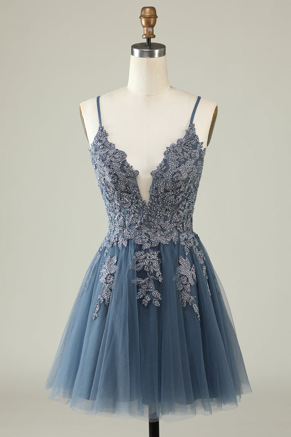 Lace-Up Blush Pink Appliques Short Homecoming Dress