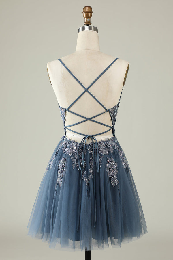 Lace-Up Blush Pink Appliques Short Homecoming Dress