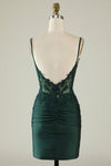 Tight V-Neck Dark Green Pleated Homecoming Dress with Appliques