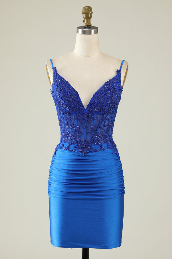 Tight V-Neck Dark Green Pleated Homecoming Dress with Appliques