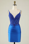 Tight V-Neck Dark Green Pleated Homecoming Dress with Appliques