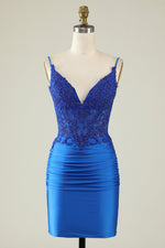 Tight V-Neck Dark Green Pleated Homecoming Dress with Appliques