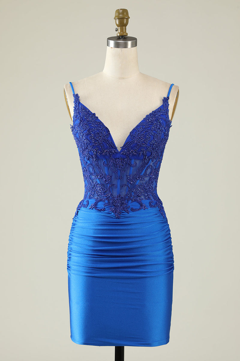 Tight V-Neck Dark Green Pleated Homecoming Dress with Appliques