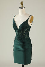 Tight V-Neck Dark Green Pleated Homecoming Dress with Appliques