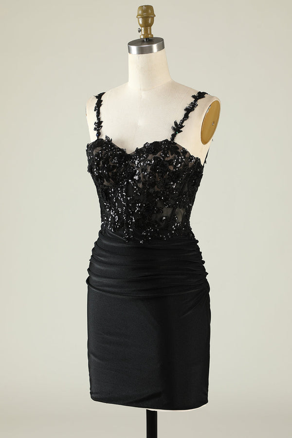 Straps Black Sequines Appliques Short Homecoming Dress
