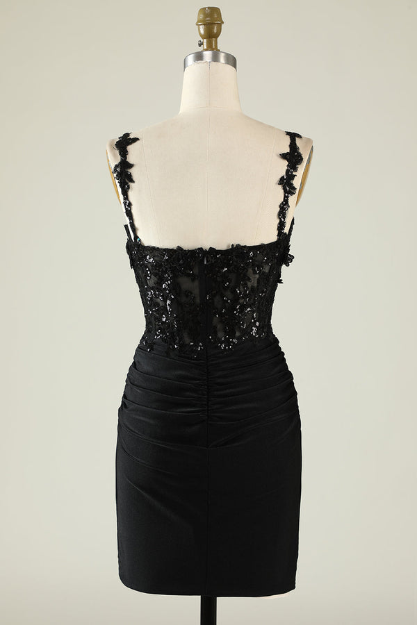 Straps Black Sequines Appliques Short Homecoming Dress
