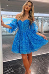 Blue Off-the-Shoulder Puff Sleeves A-line Applique Homecoming Dress