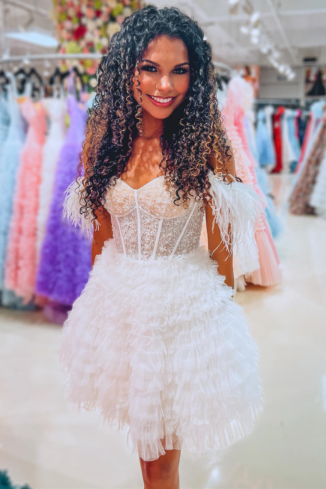 White Off-the-Shoulder Feathers Ruffle-Layers Homecoming Dress FancyVestido White Off-the-Shoulder Feathers Ruffle-Layers Homecoming Dress FancyVestido