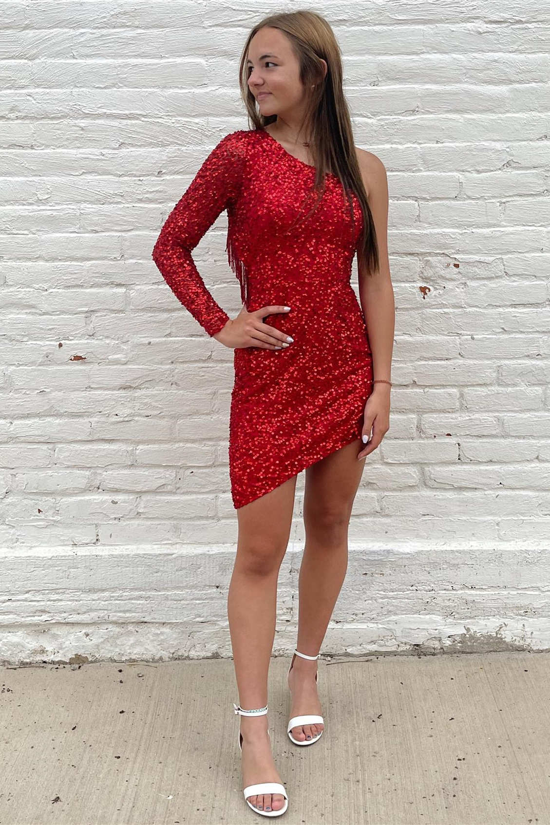 Hot Pink One Shoulder Long Sleeve Sequins Homecoming Dress with Tassel FancyVestido Hot Pink One Shoulder Long Sleeve Sequins Homecoming Dress with Tassel FancyVestido