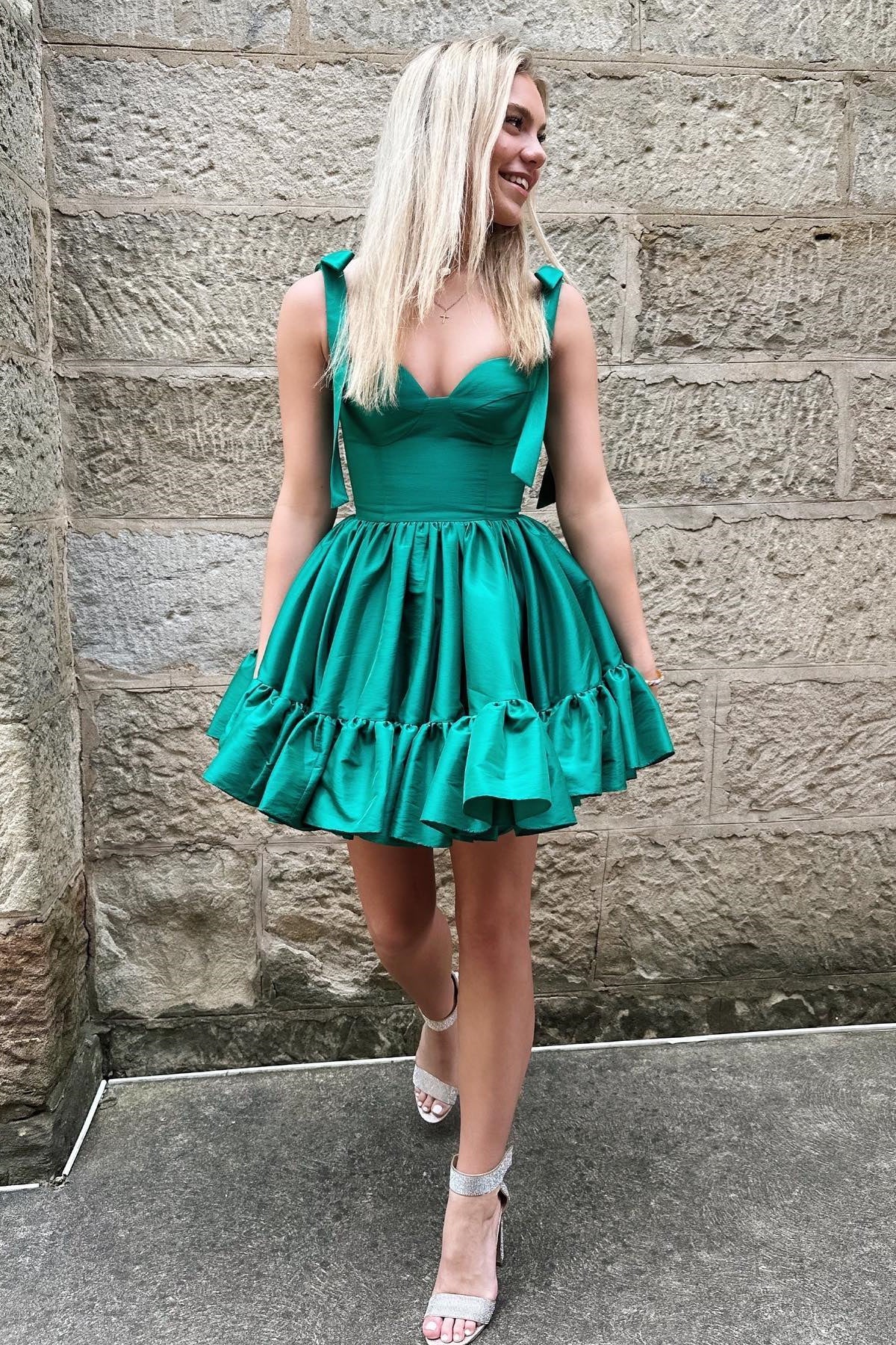 Cute Tie Straps Green Corset Ruffle Short Homecoming Dress