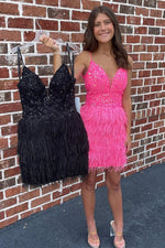 Straps Black Beaded Tight Homecoming Dress with Feathers