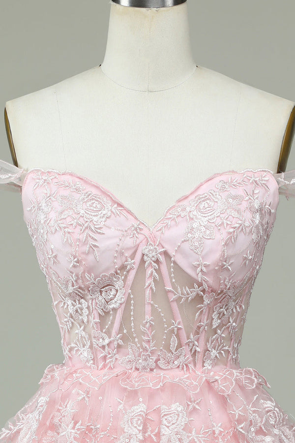 Princess Pink Sweetheart Embroidered Layered Tulle Homecoming Dress