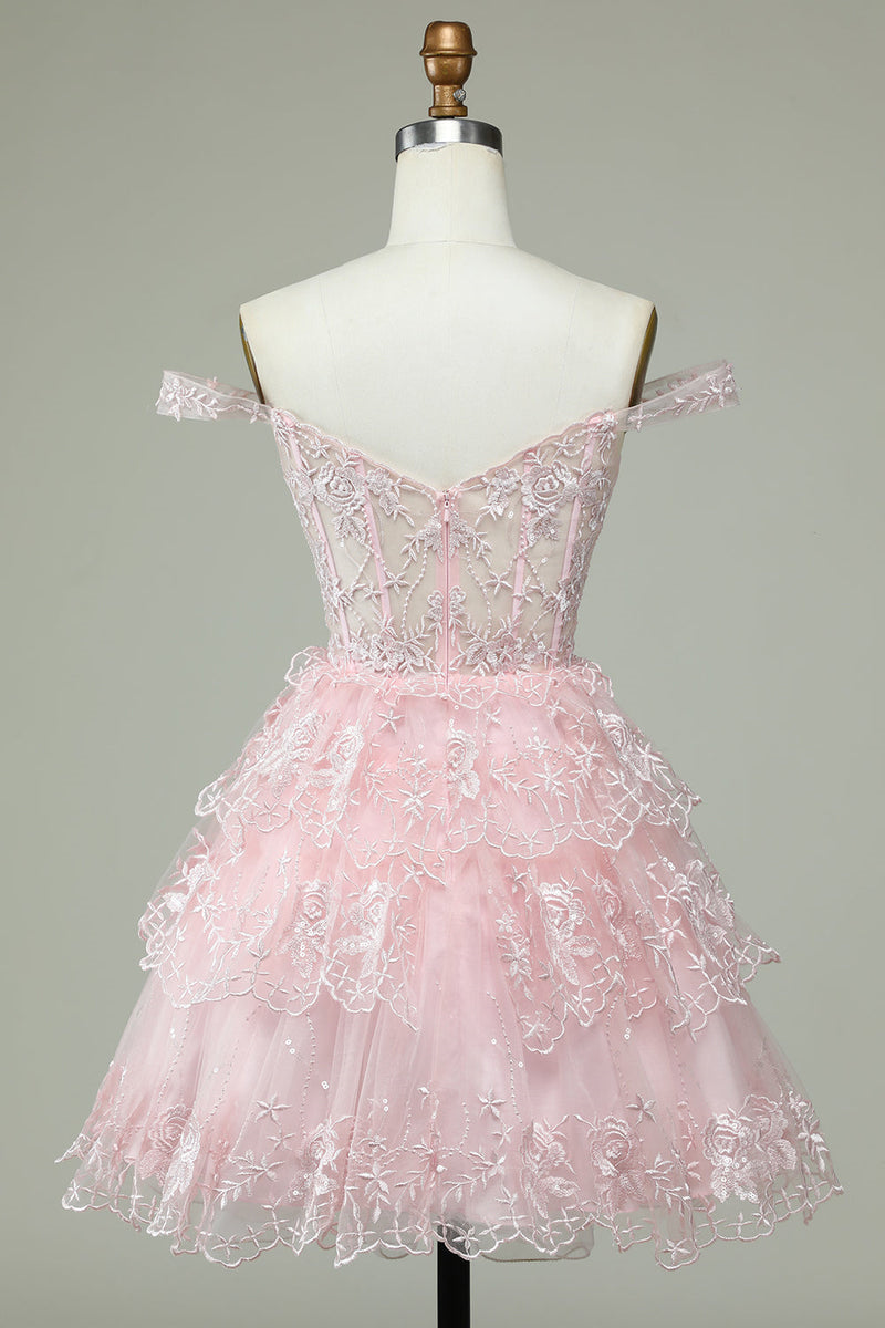 Princess Pink Sweetheart Embroidered Layered Tulle Homecoming Dress