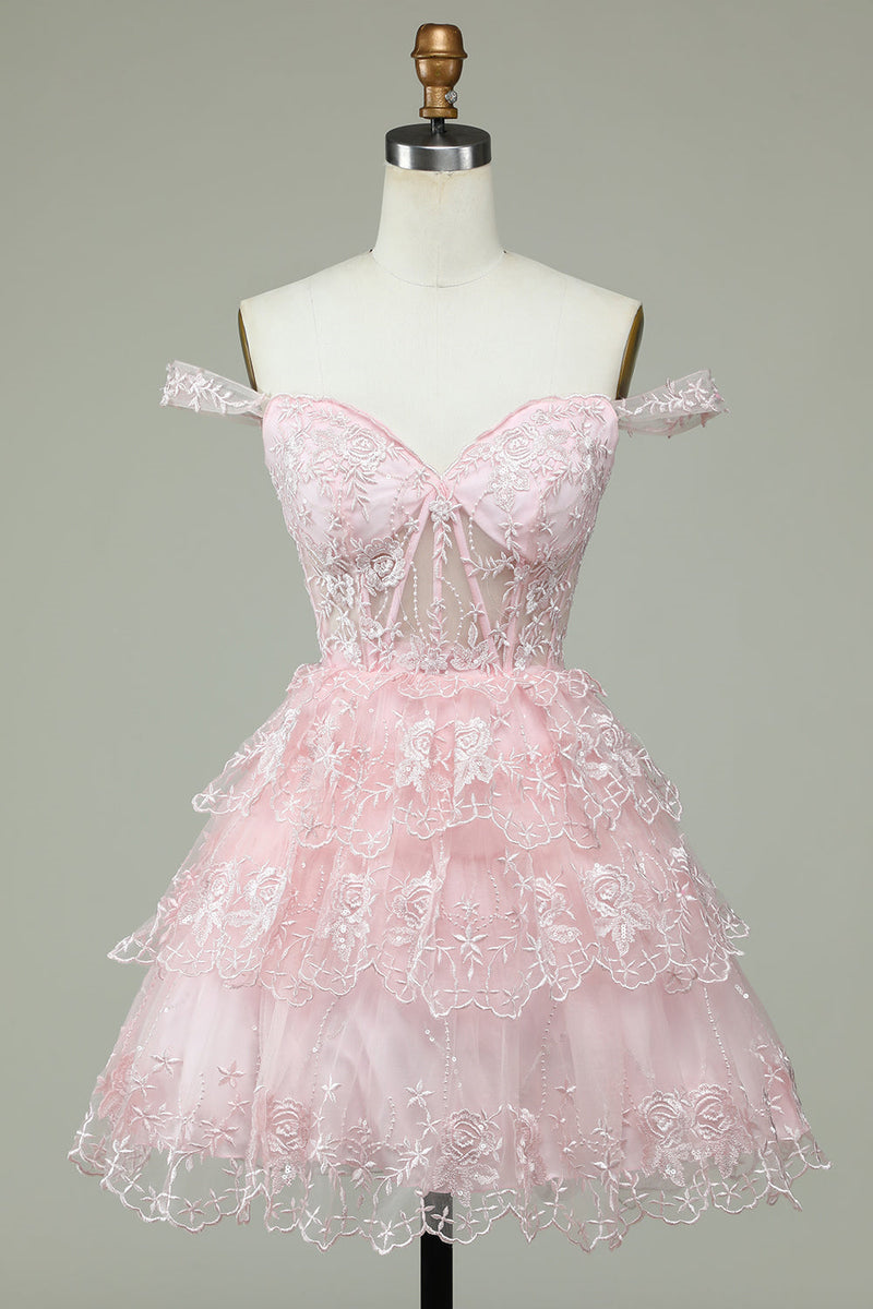 Princess Pink Sweetheart Embroidered Layered Tulle Homecoming Dress