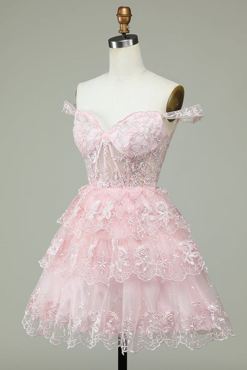 Princess Pink Sweetheart Embroidered Layered Tulle Homecoming Dress