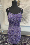 Straps Purple Sequins Cutout Tight Homecoming Dress