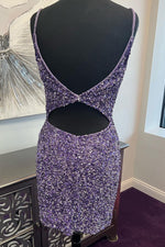 Straps Purple Sequins Cutout Tight Homecoming Dress