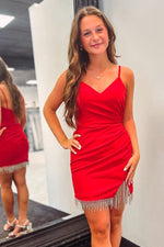 V-Neck Red Pleated Homecoming Dress with Tassels