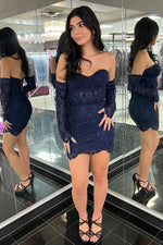 Sweetheart Navy Blue Lace Corset Bodycon Homecoming Dress