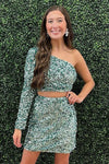 Two Piece Tiffany Blue One Shoulder Tight Homecoming Dress