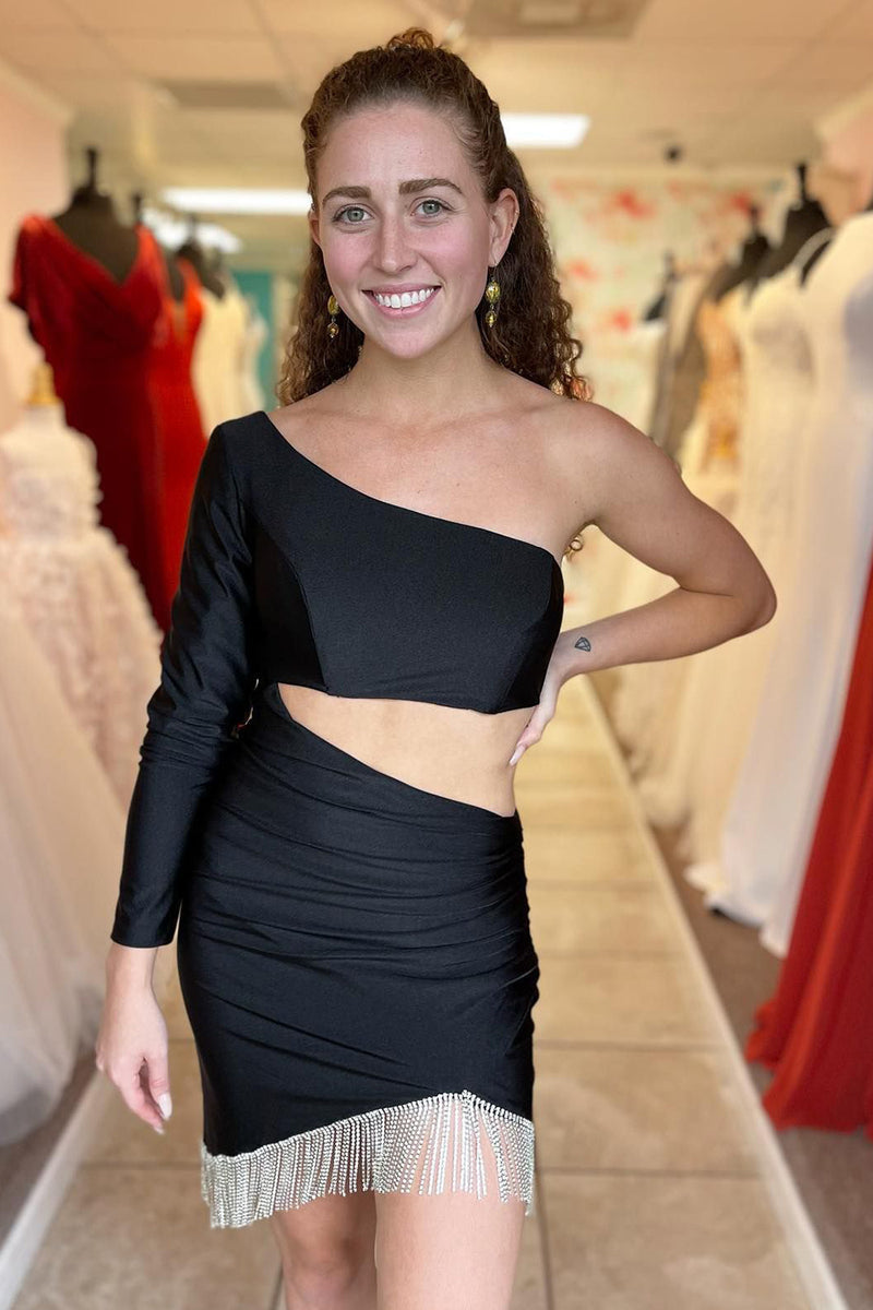 Black Long Sleeve Side Cutout Short Homecoming Dress with Fringes FancyVestido Black Long Sleeve Side Cutout Short Homecoming Dress with Fringes FancyVestido