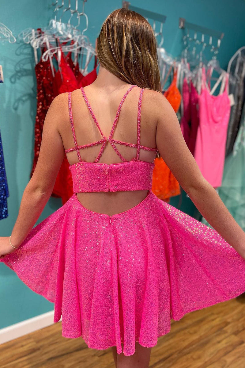 A-Line Double Straps Hot Pink Sequins Short Party Dress
