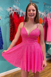 A-Line Double Straps Hot Pink Sequins Short Party Dress