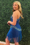 One Shoulder Blue Beaded Short Homecoming Dress with Tassels
