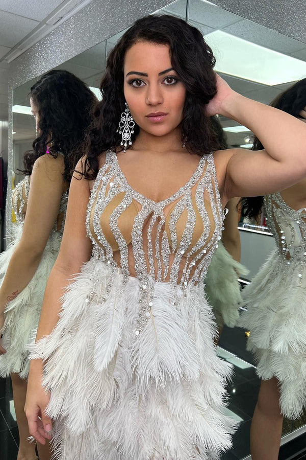 V-Neck Sheer Corset Bodice Tight Homecoming Dress with Feathers