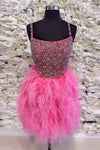 Lace-Up Hot Pink Beaded Feathers Short Homecoming Dress