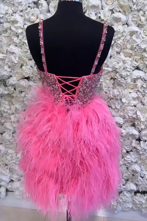Lace-Up Hot Pink Beaded Feathers Short Homecoming Dress