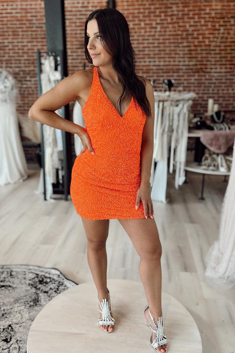 Orange V-Neck Tight Sequins Homecoming Dress