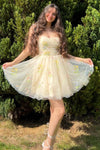 Princess Yellow Embroidery Pleated Tulle Short Party Dress