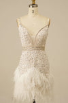 Elegant White V-Neck Tight Homecoming Dress with Feather Hem