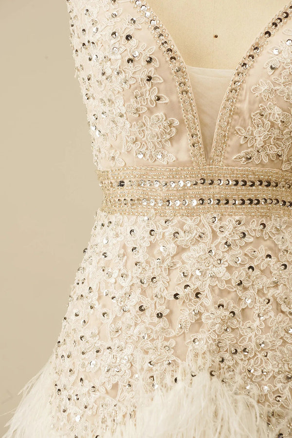 Elegant White V-Neck Tight Homecoming Dress with Feather Hem